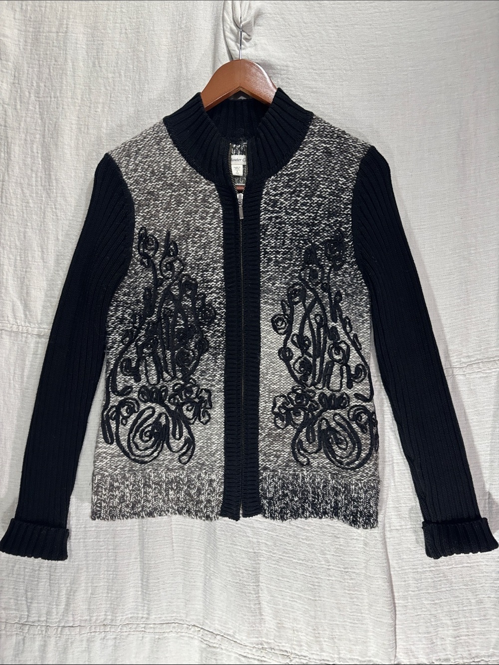 Coldwater Creek Wool Blend Ribbon Embroidered Full Zip Cardigan Sweater Small